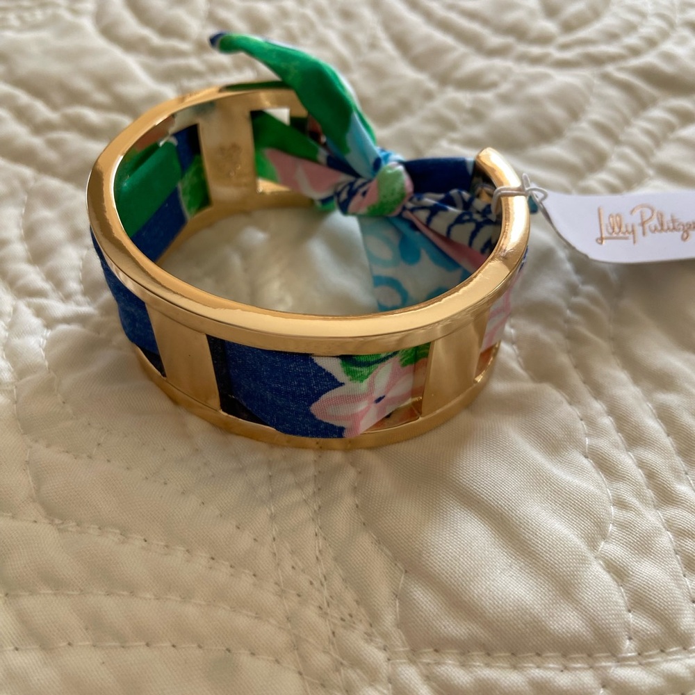 Lilly Pulitzer Gold-Tone Bangle with Blue, Green and Pink Floral Scarf Inlay